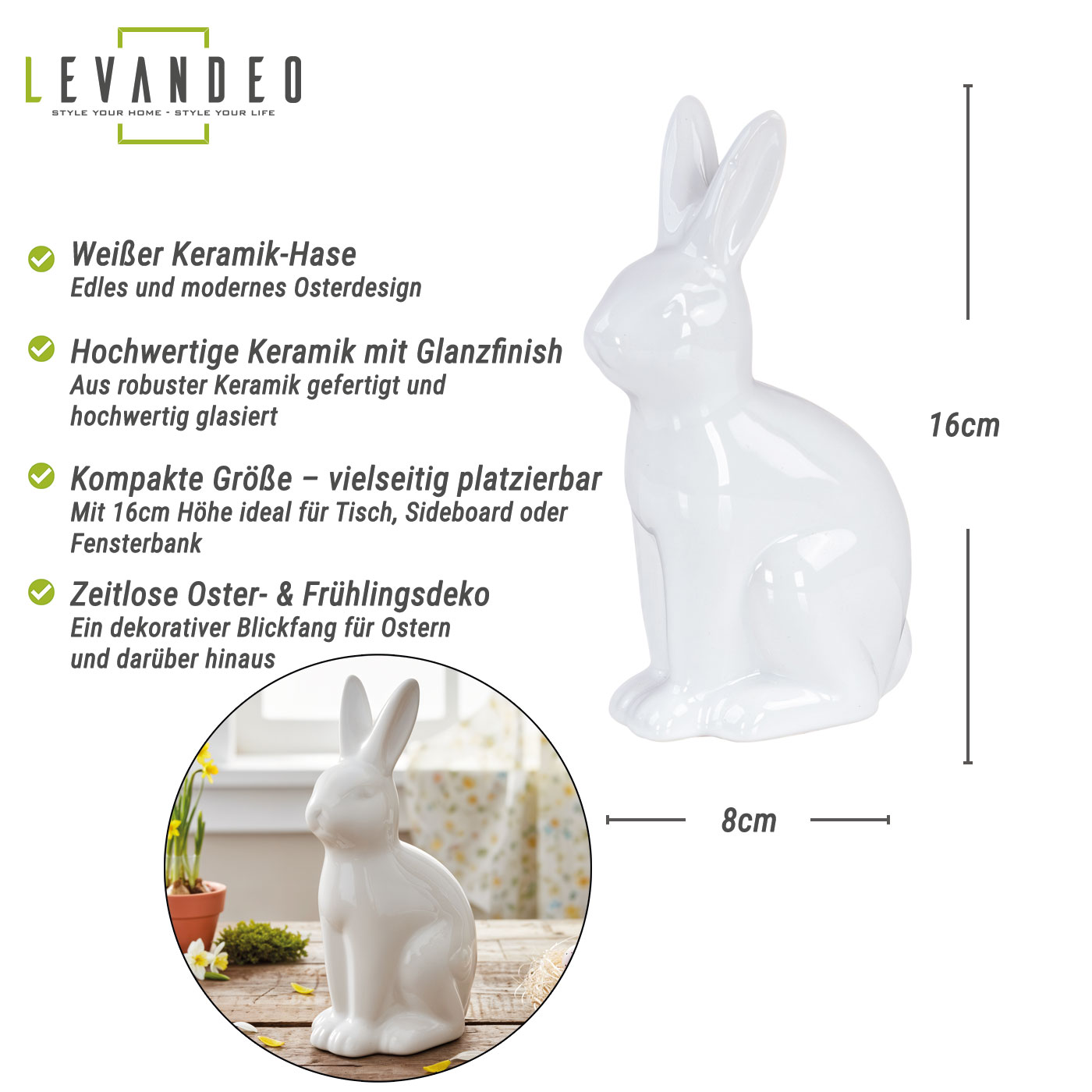 Deko Hase H16cm Weiß Keramik Figur Ostern Aufsteller Tischdeko Osterdeko