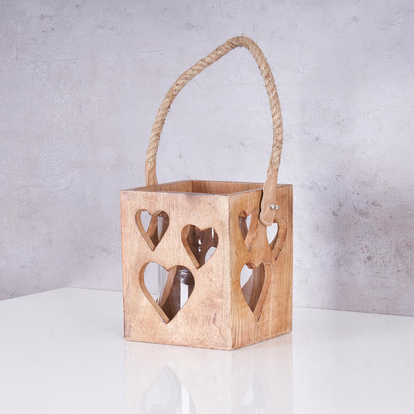 Windlicht Herz 15x18x15cm Braun Mangoholz Laterne Glas Teelichthalter Kerze Tau