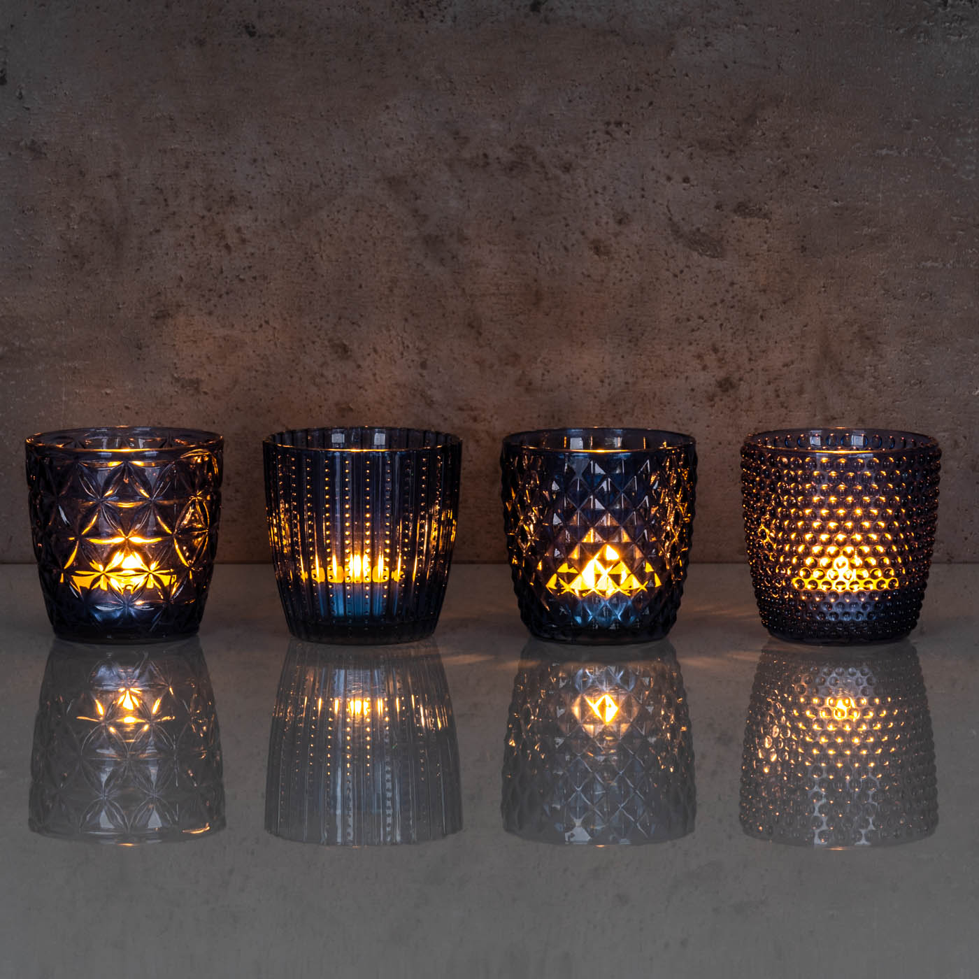 8er Set Windlicht H7,5cm Glas Blau Teelichthalter Tischdeko Kerzen Retro Deko