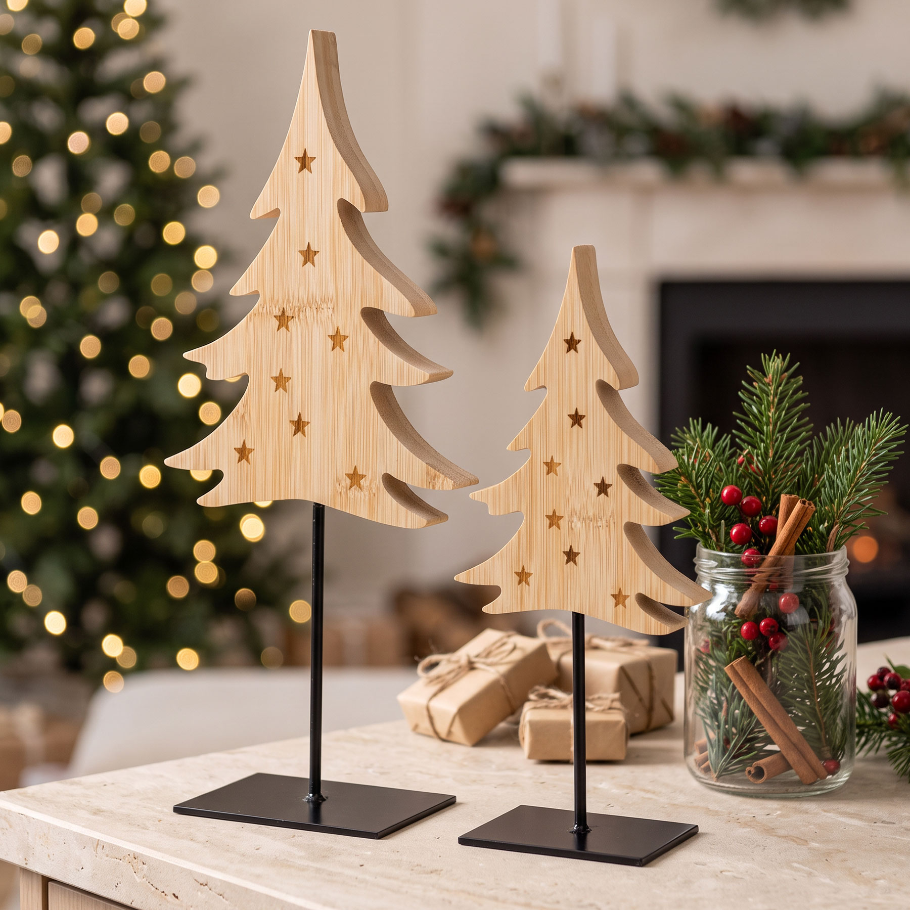 2er Set Deko Tannenbaum Aufsteller Holz Weihnachtsbaum Tischdeko Skandi Design