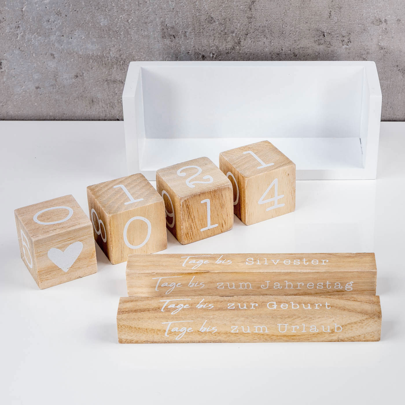 Würfel Countdown Kalender Holz Natur Weiß Holzkalender Tischkalender Event