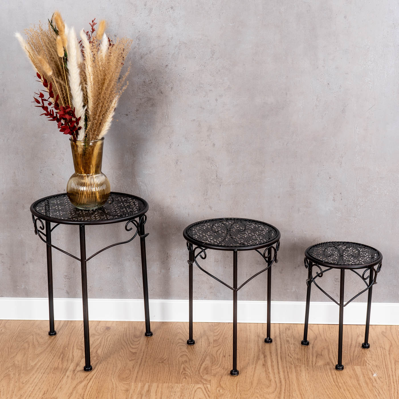 3er Set Blumenhocker Metall Schwarz Pflanzenständer Rund Tisch Garten Deko