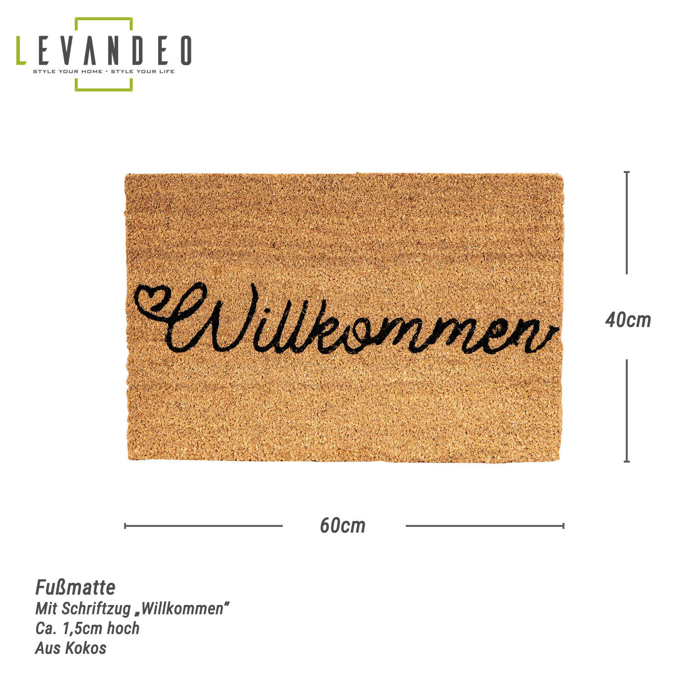 Willkommen Fußmatte 60x40cm Kokos Fußabtreter Kokosmatte Rutschfeste Türmatte