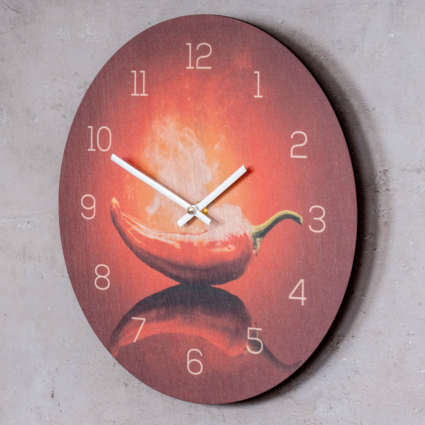 Wanduhr Holz 30x30cm Rund Holzuhr Uhr Holzbild Küche Chili Peperoni Deko