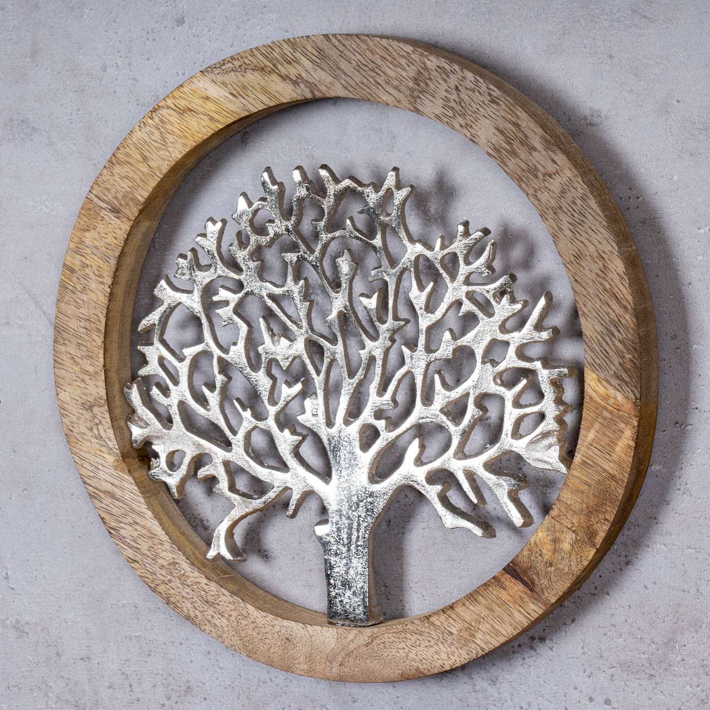 Wandbild Ø25cm Lebensbaum Metall Holz Mango Silber Braun Bild Wand-Deko Hänger