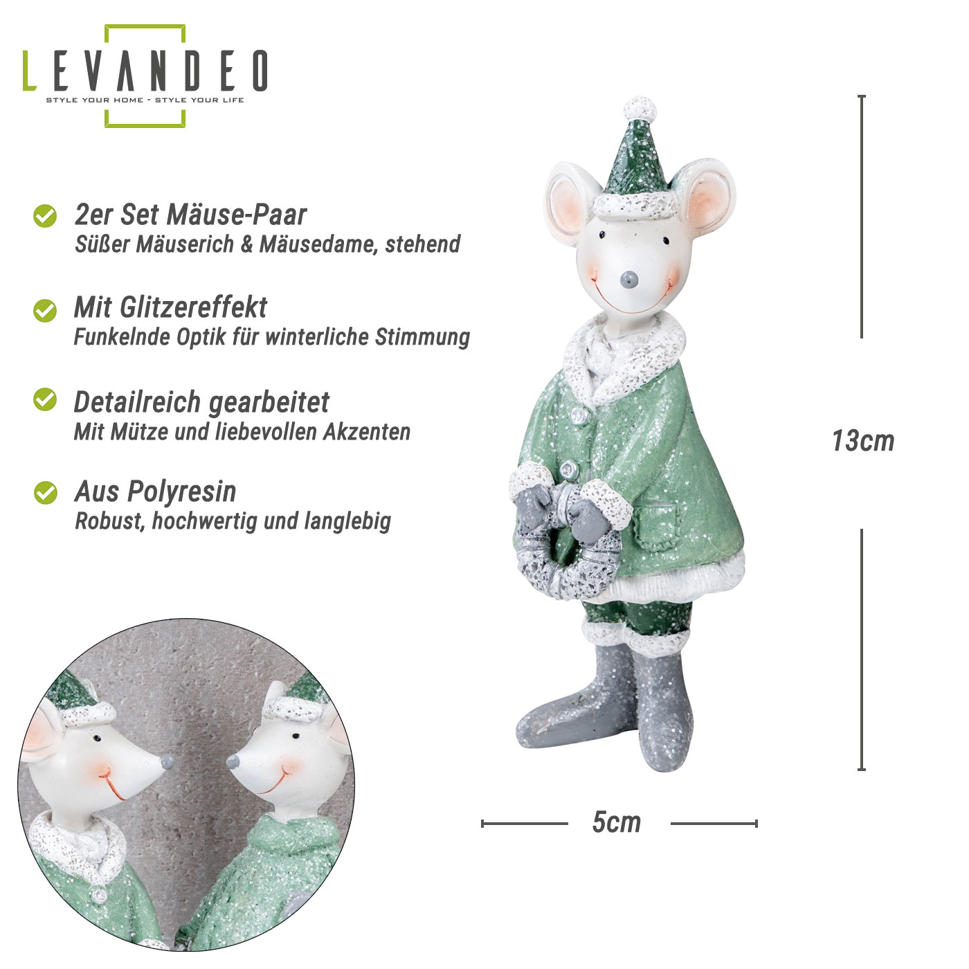 2er Set Maus Figuren Weihnachten Kunstharz Grün Weiß Weihnachtsdeko Tisch-Deko
