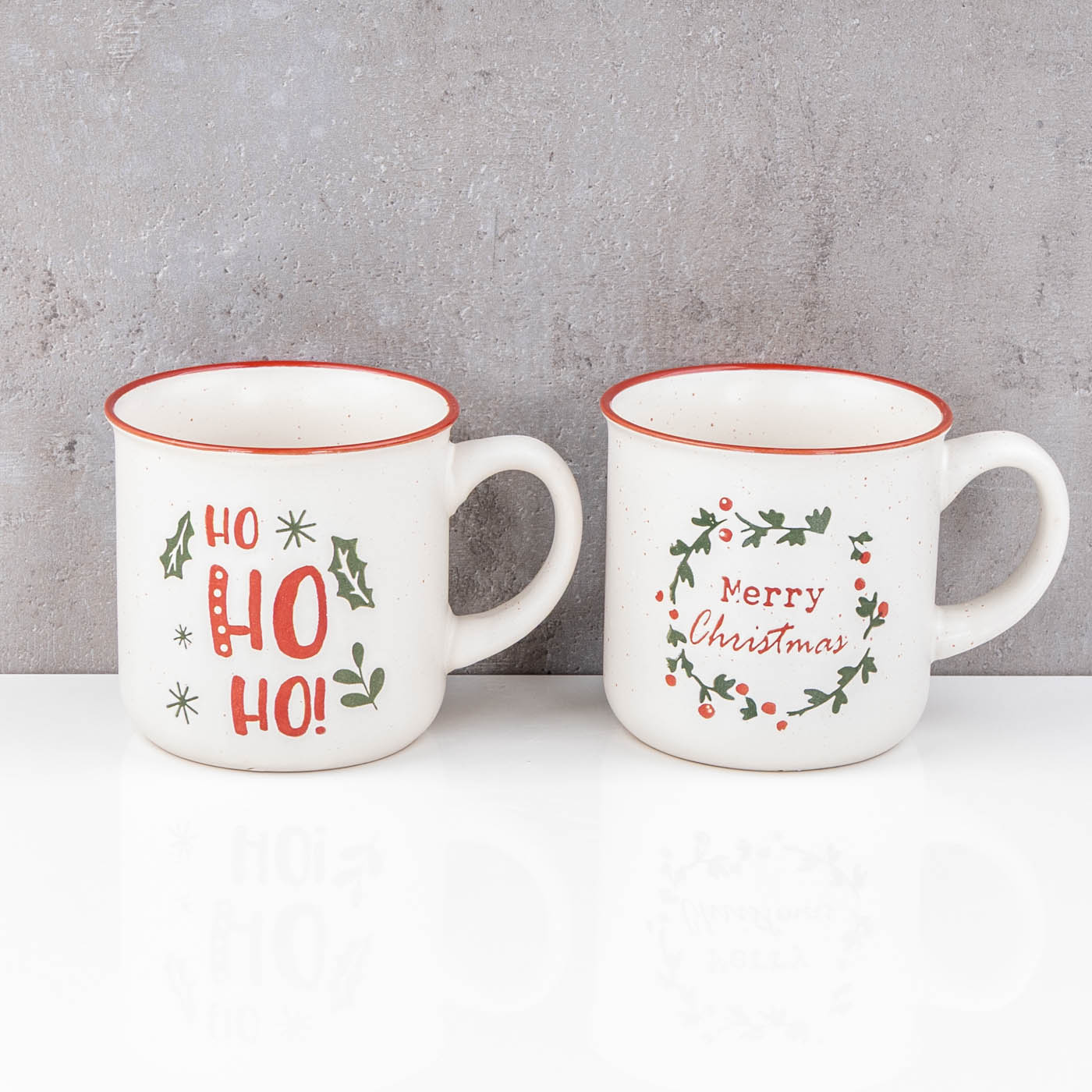 2er Set Tassen Weihnachten HoHoHo 330ml Steingut Kaffeetasse Rot Grün Becher