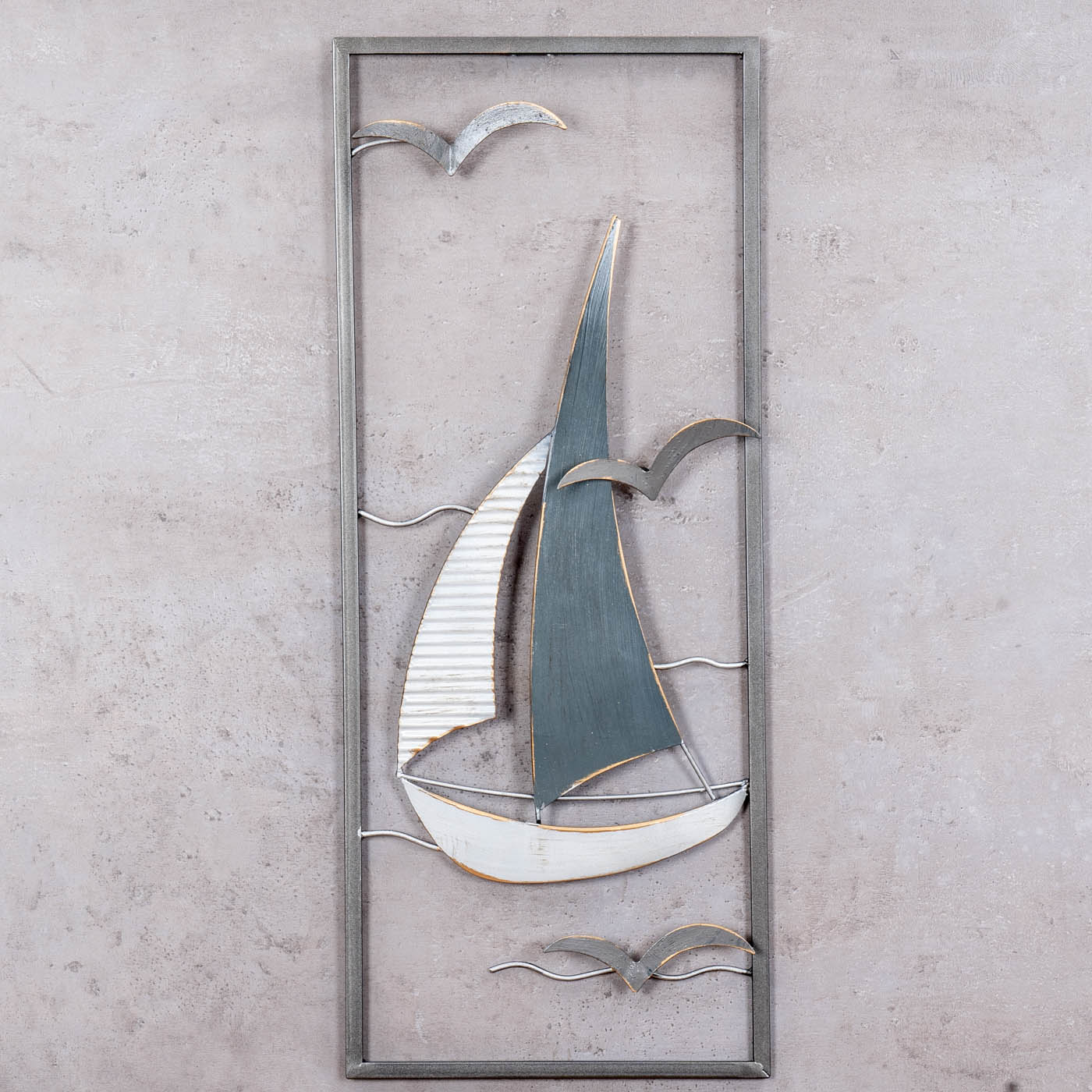 Metallbild 30x60cm Segelboot Wandbild Blau Grau Weiß Maritim Wanddeko Metalldeko