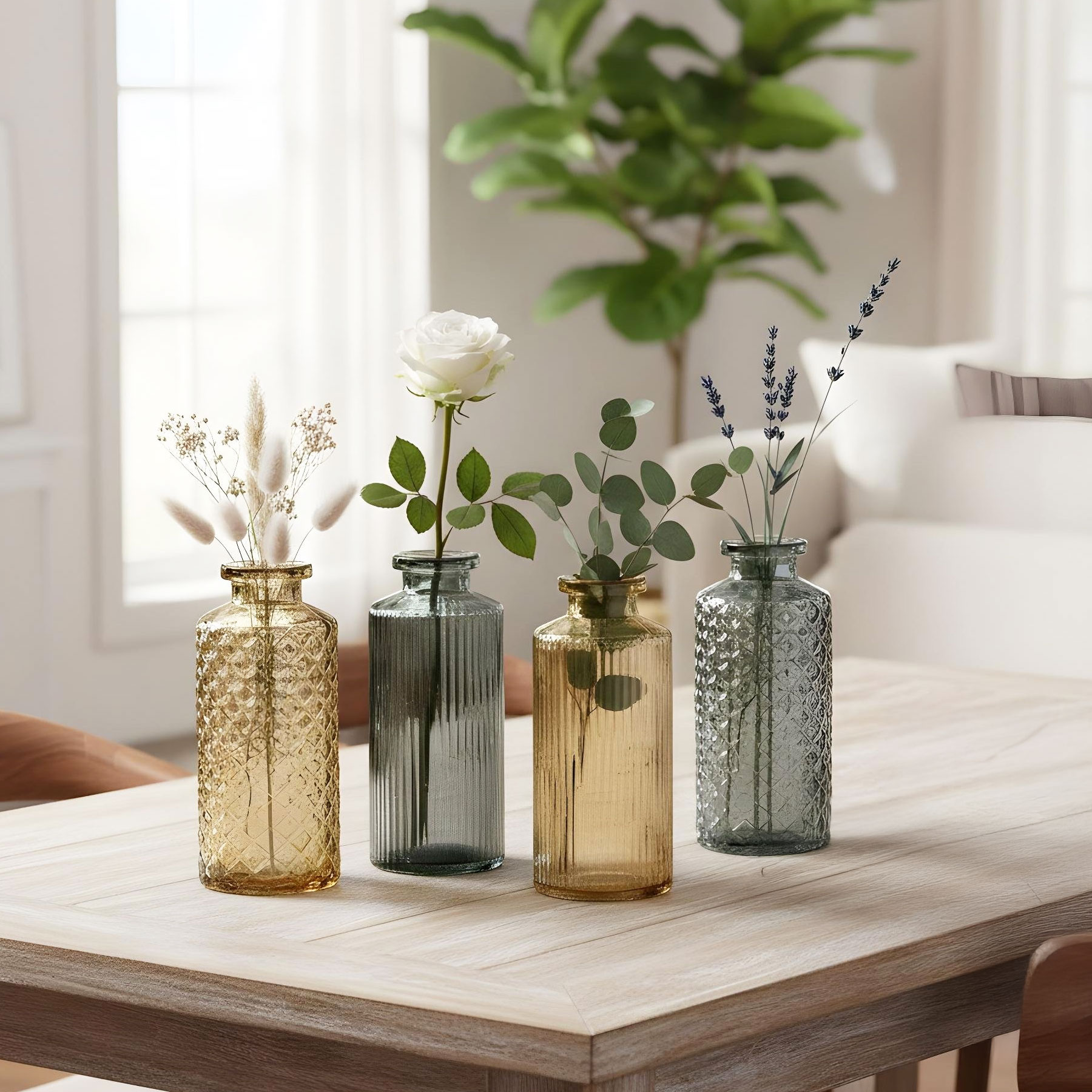 4er Set Vase Braun Grau H14cm Glas Blumenvase Tischdeko Herbstdeko Glasvase