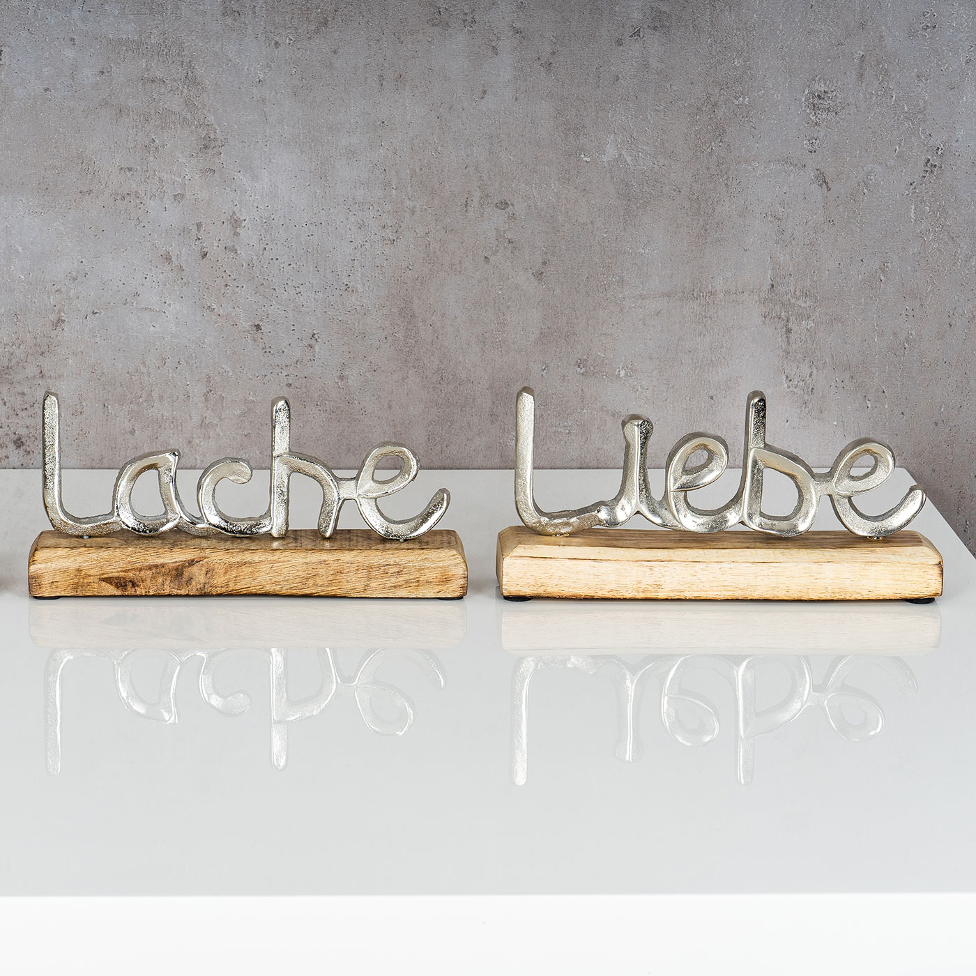 2er Set Schriftzug Liebe Lache L23cm Metall Silber Mango Holz Aufsteller Deko