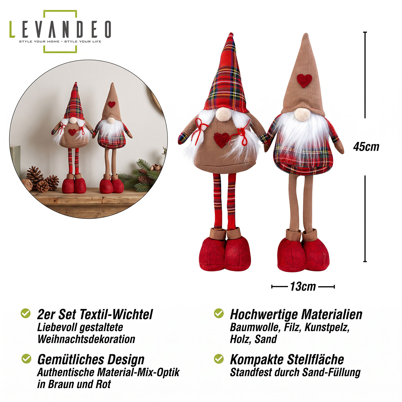 2er Set Weihnachtswichtel H45cm Deko Figuren Rot Braun Weihnachtsdeko Zwerg