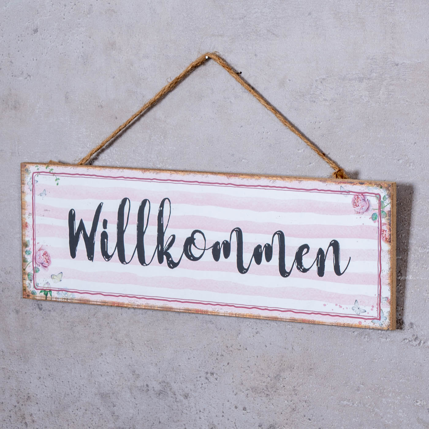 Willkommen Türschild 30x10cm Rosa Weiß Wandschild MDF Holz Holzschild Schild
