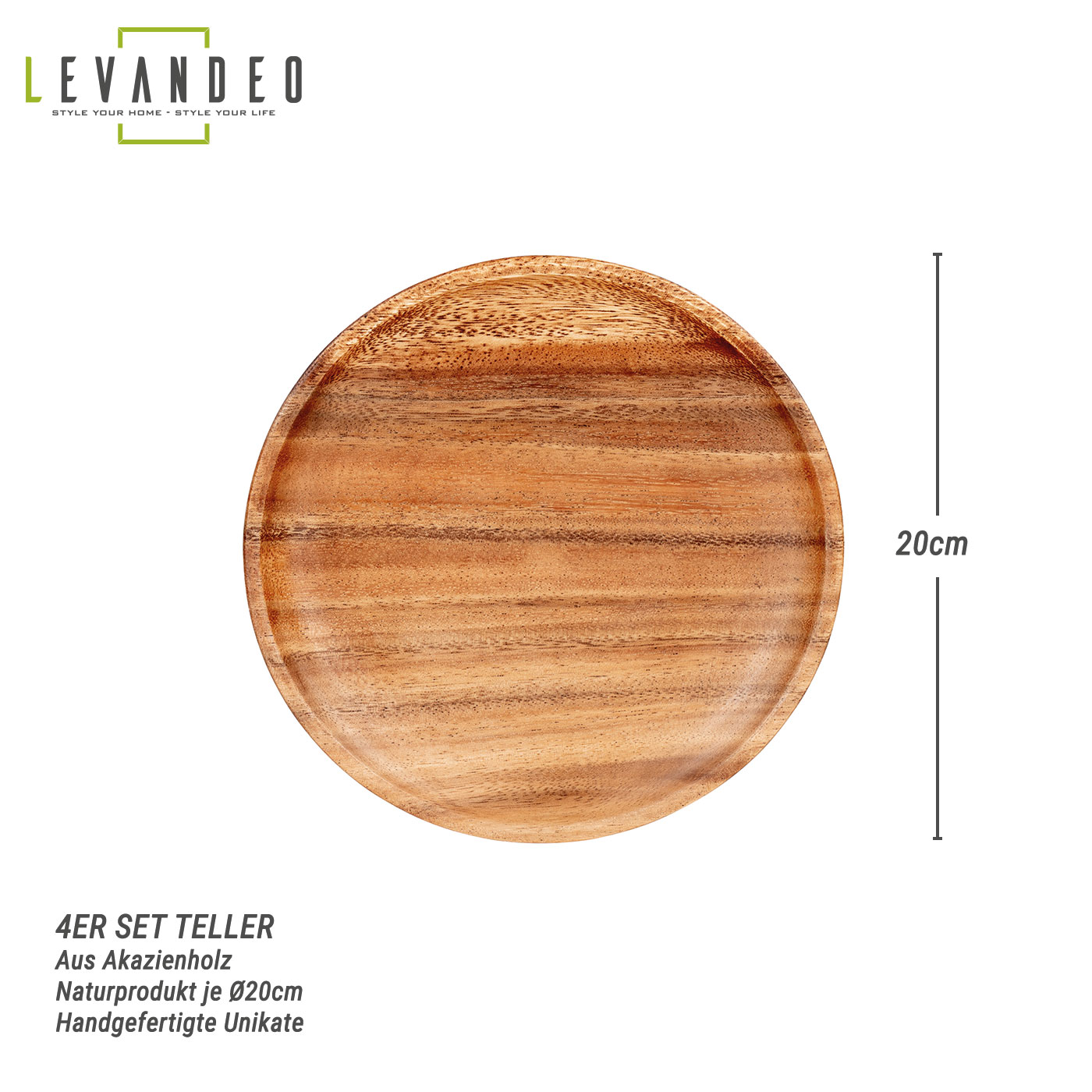 4er Set Runde Teller Akazie Ø20cm Holzteller Snackteller Dekoteller Deko Unikat