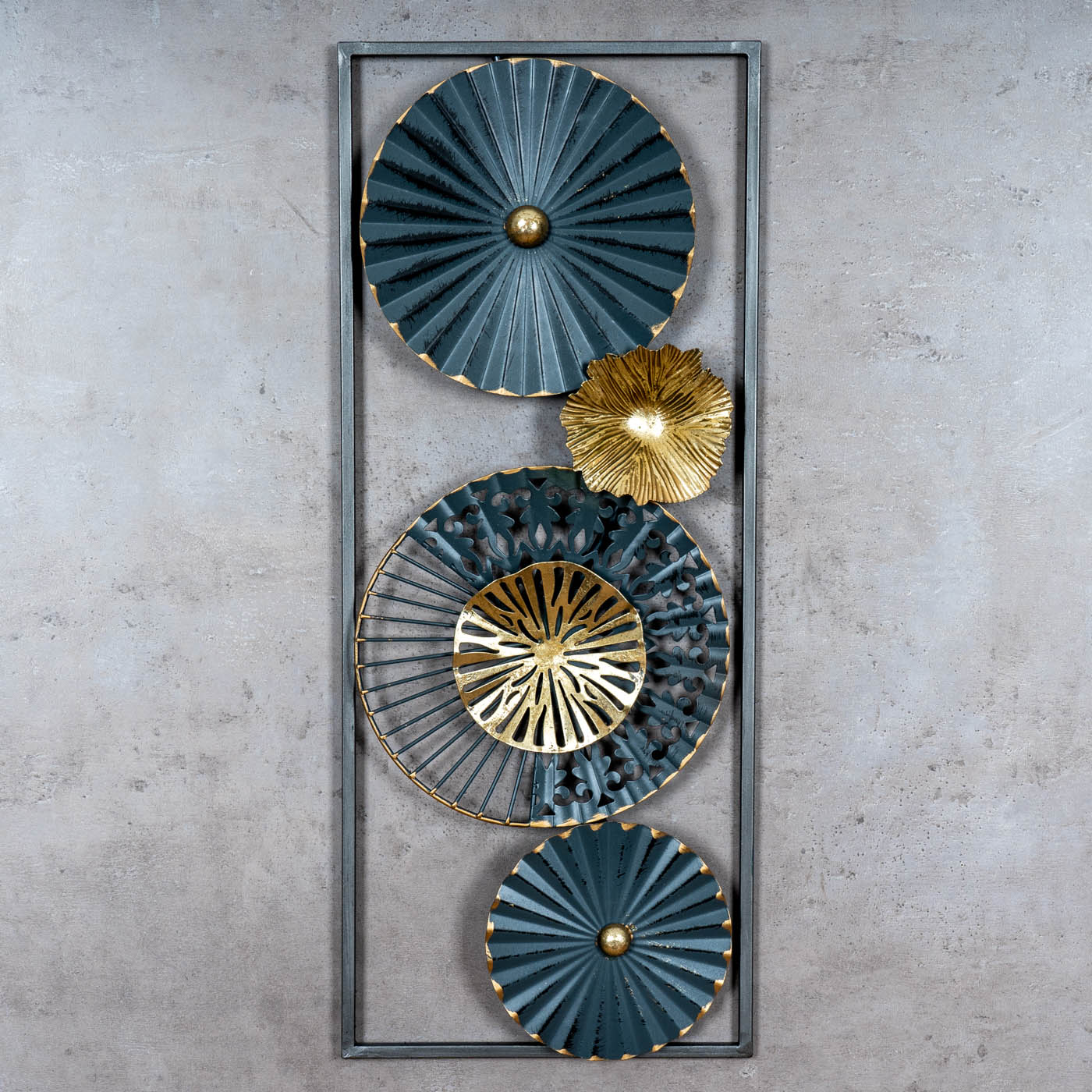 3D Wandbild H60cm Ringe Metall Blau Schwarz Gold Deko Teller Wanddeko Design