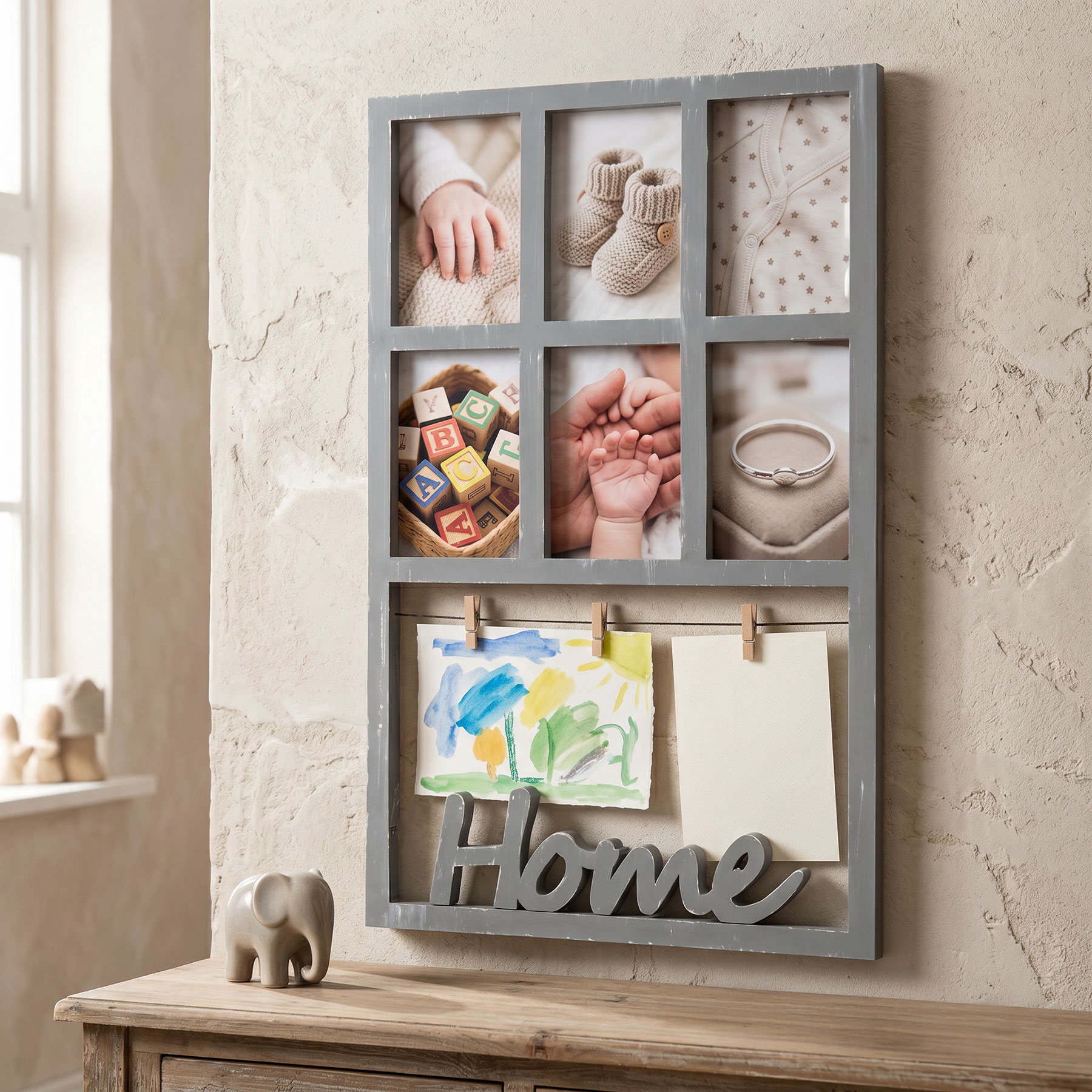 Bilderrahmen H56cm 6 Fotos Grau Home Klammern Shabby Chic Fotorahmen Collage
