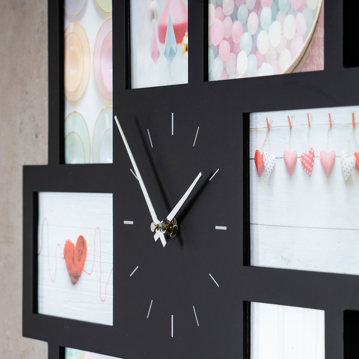Wanduhr Schwarz 52x52cm Holz Bilderrahmen 8 Fotos Fotorahmen Collage Fotouhr