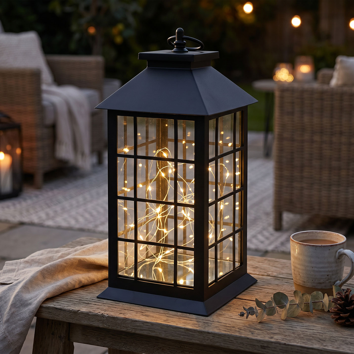 LED Laterne Schwarz H30cm Lichterkette Warmweiß Timer Wohndeko Lampe Kabellos