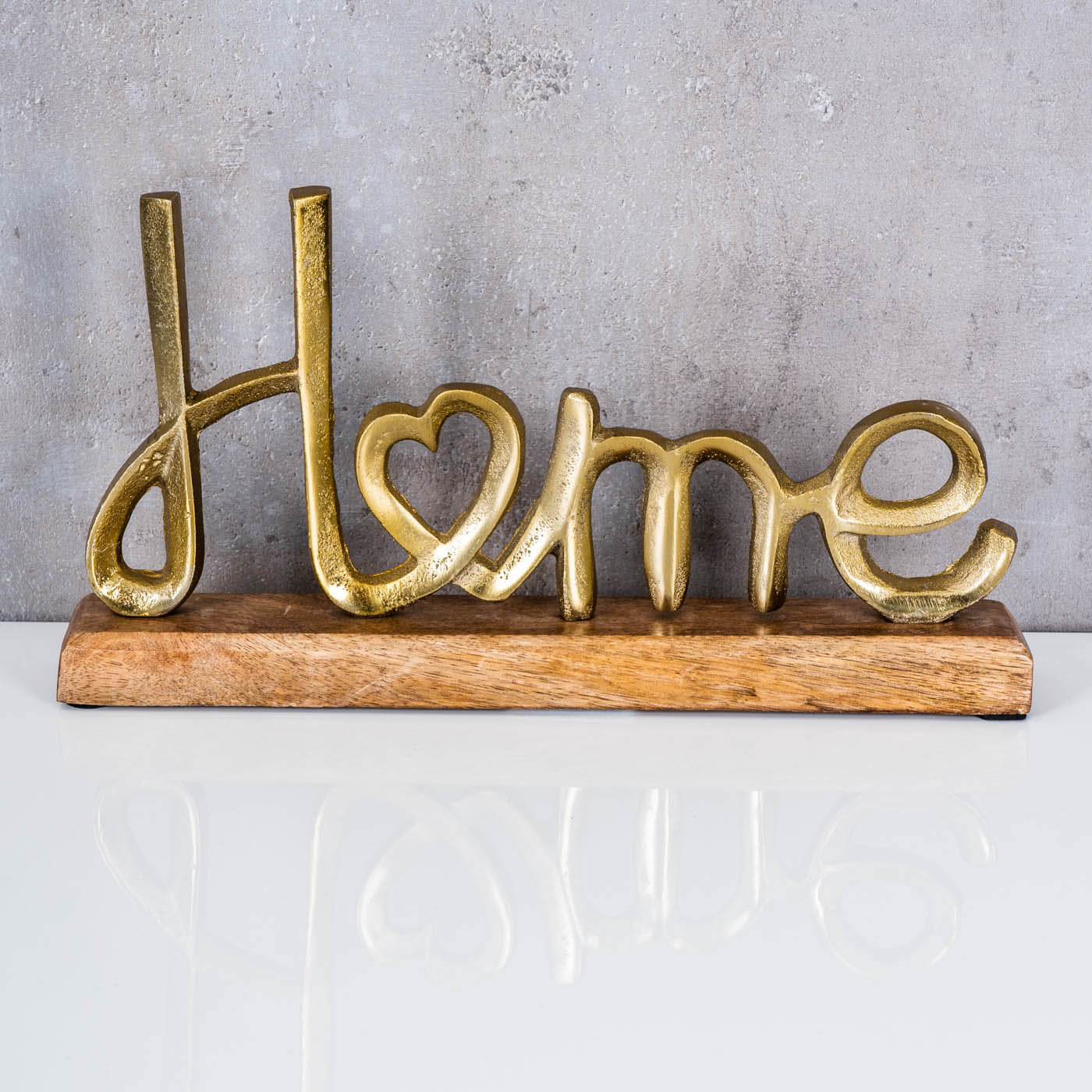 Home Aufsteller Schriftzug H17cm Metall Gold Holz Deko Mangoholz Tischdeko