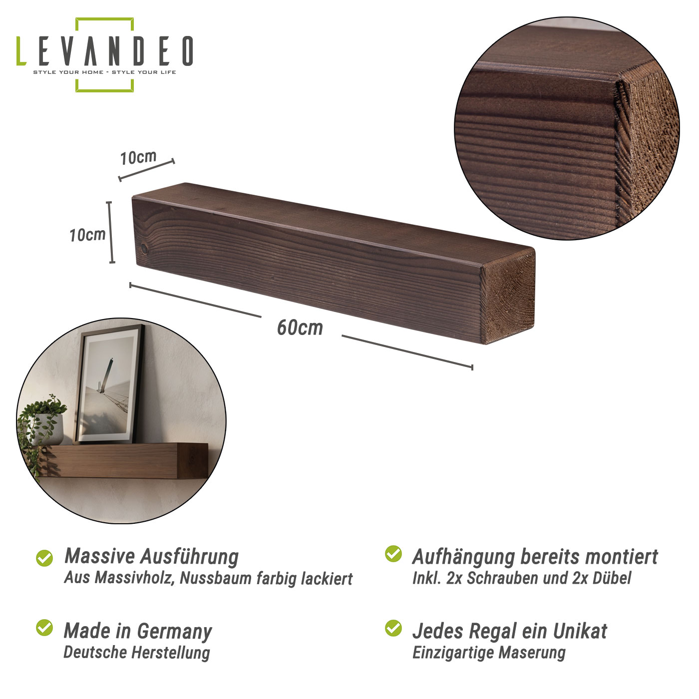 levandeo Wandregal Holz Massiv 60x10cm Nussbaum Farbig Wandboard Regal Vintage