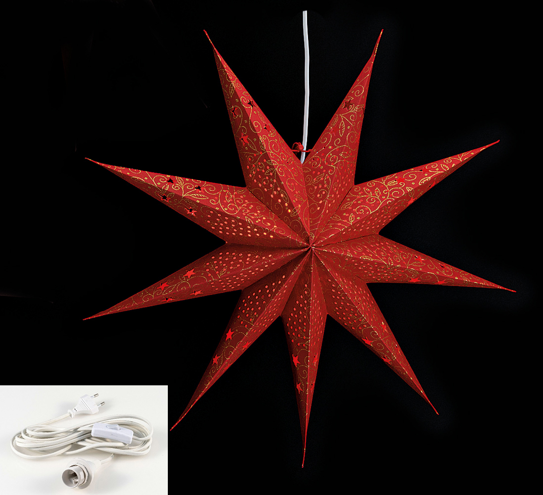 Leuchtstern 9 Zacken rot gold 60cm Papiertstern Weihnachten inkl Kabel