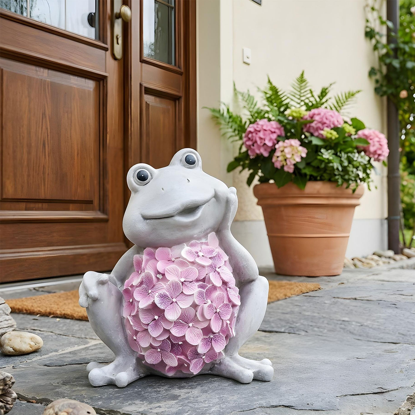 Dekofigur Frosch Grau Rosa Blüten Gartenfigur H21cm Kunststein Gartendeko Wohndeko