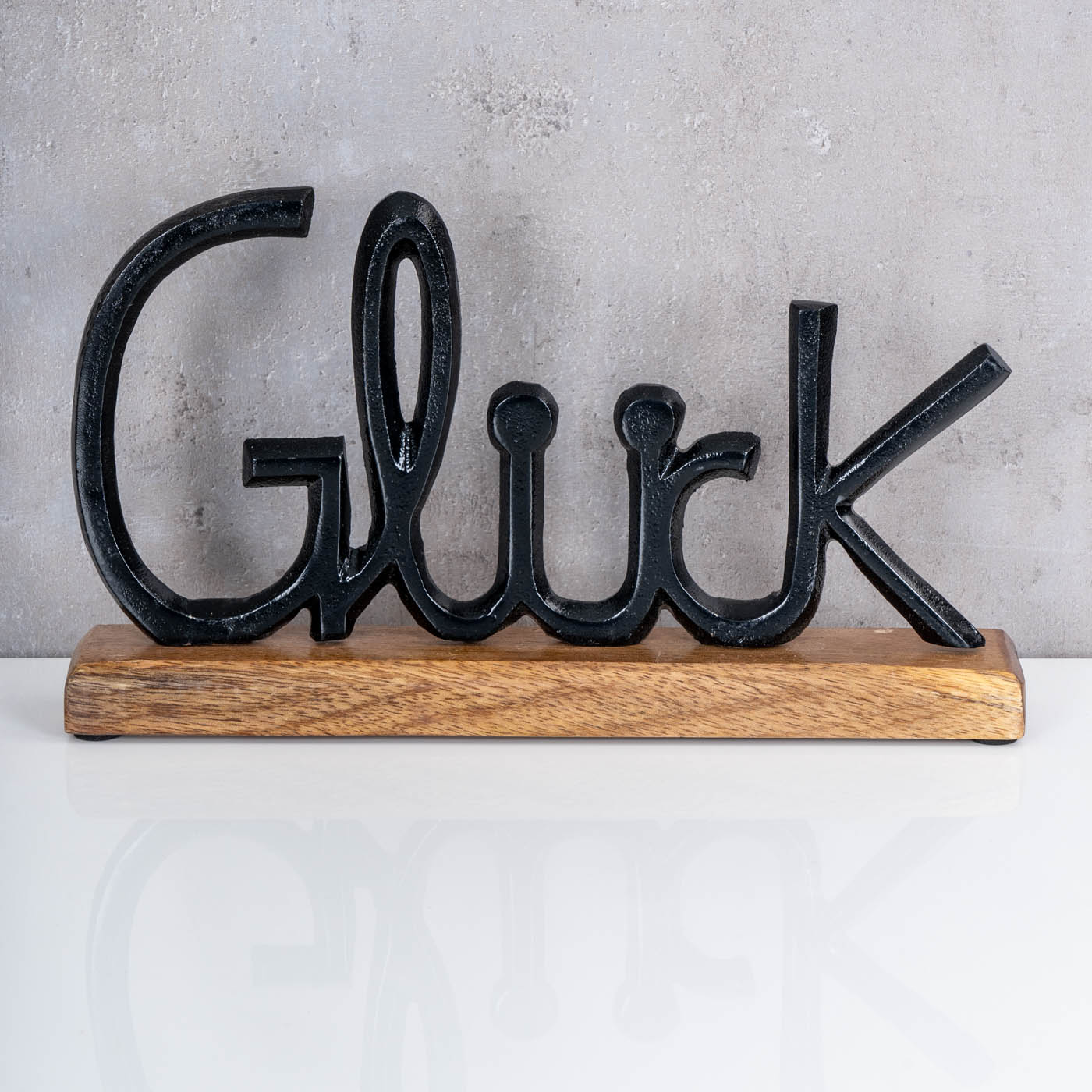 Schriftzug Glück L30cm Metall Schwarz Mango Holz Tischdeko Deko Aufsteller