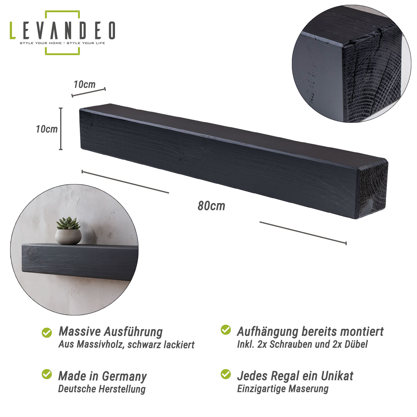 levandeo Wandregal Holz Massiv 80x10cm Schwarz Wandboard Regal Wandboard Balken
