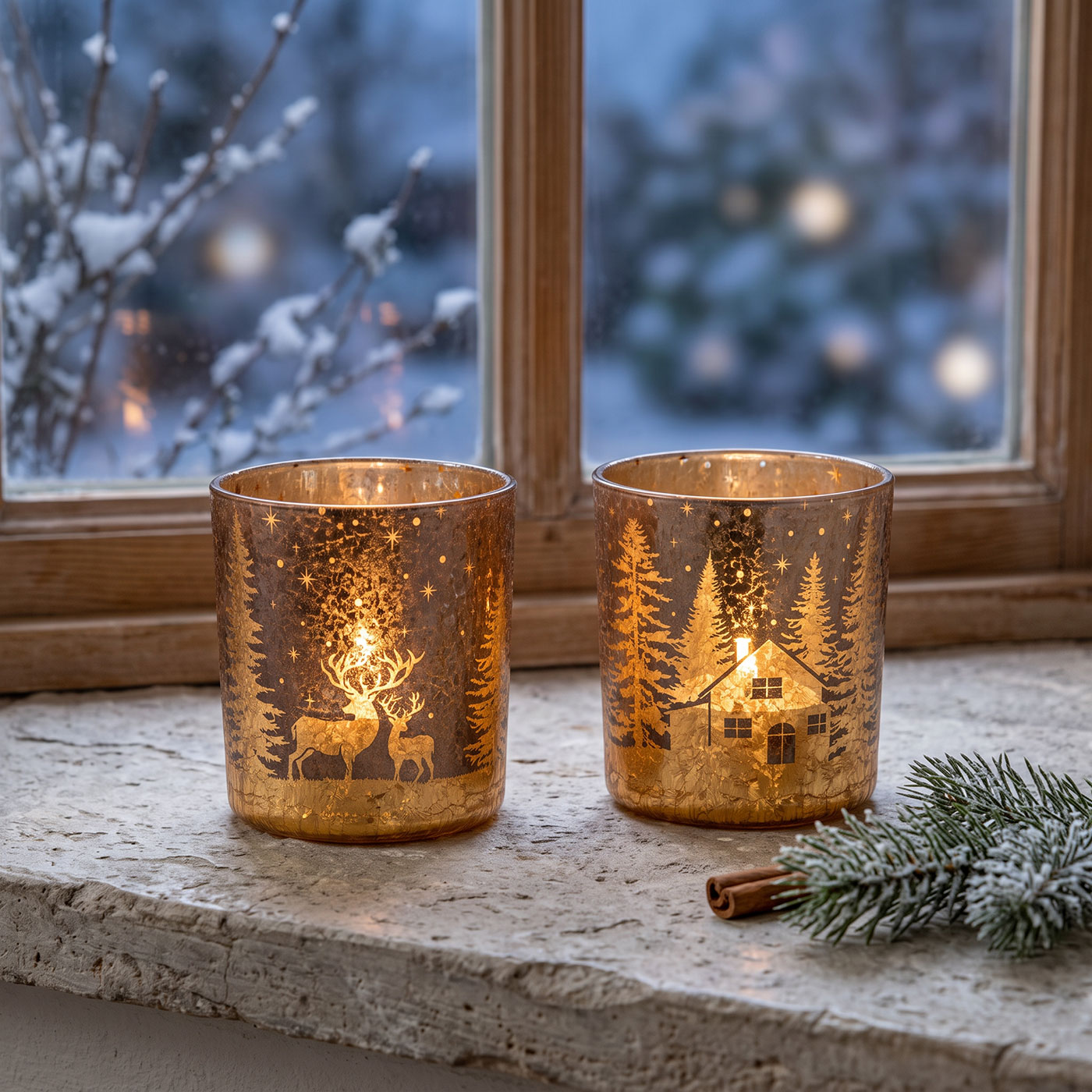 2er Set Teelichthalter Gold Braun Winter Landschaft Glas Kerzenhalter Tischdeko