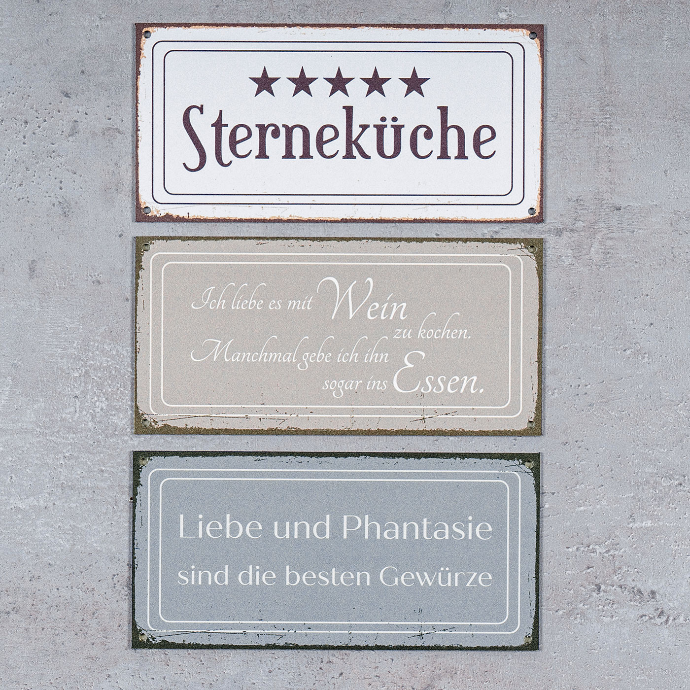 3er Set Wandbilder 20x10cm Küche Schilder Aluminium Dibond Sterneküche Shabby Chic