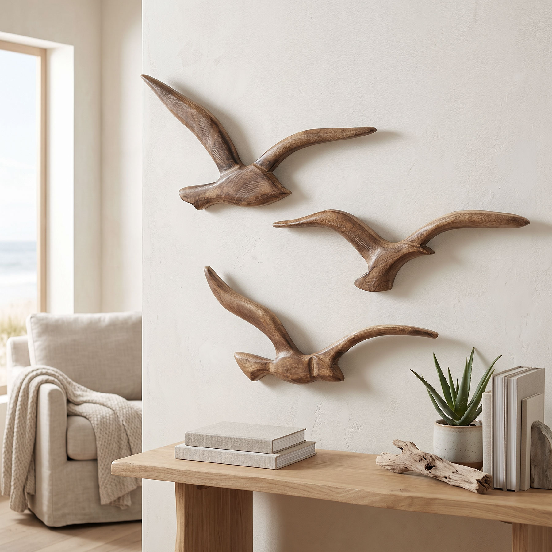 3er Set Wanddekoration Möwen Holz Braun Wandbild Maritim Wandskulptur Vogel Deko