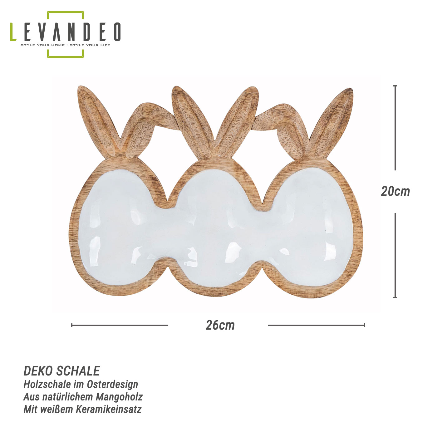 Deko Schale L26cm Ostereier Hasenohren Mangoholz Natur Weiß Osterdeko Tischdeko