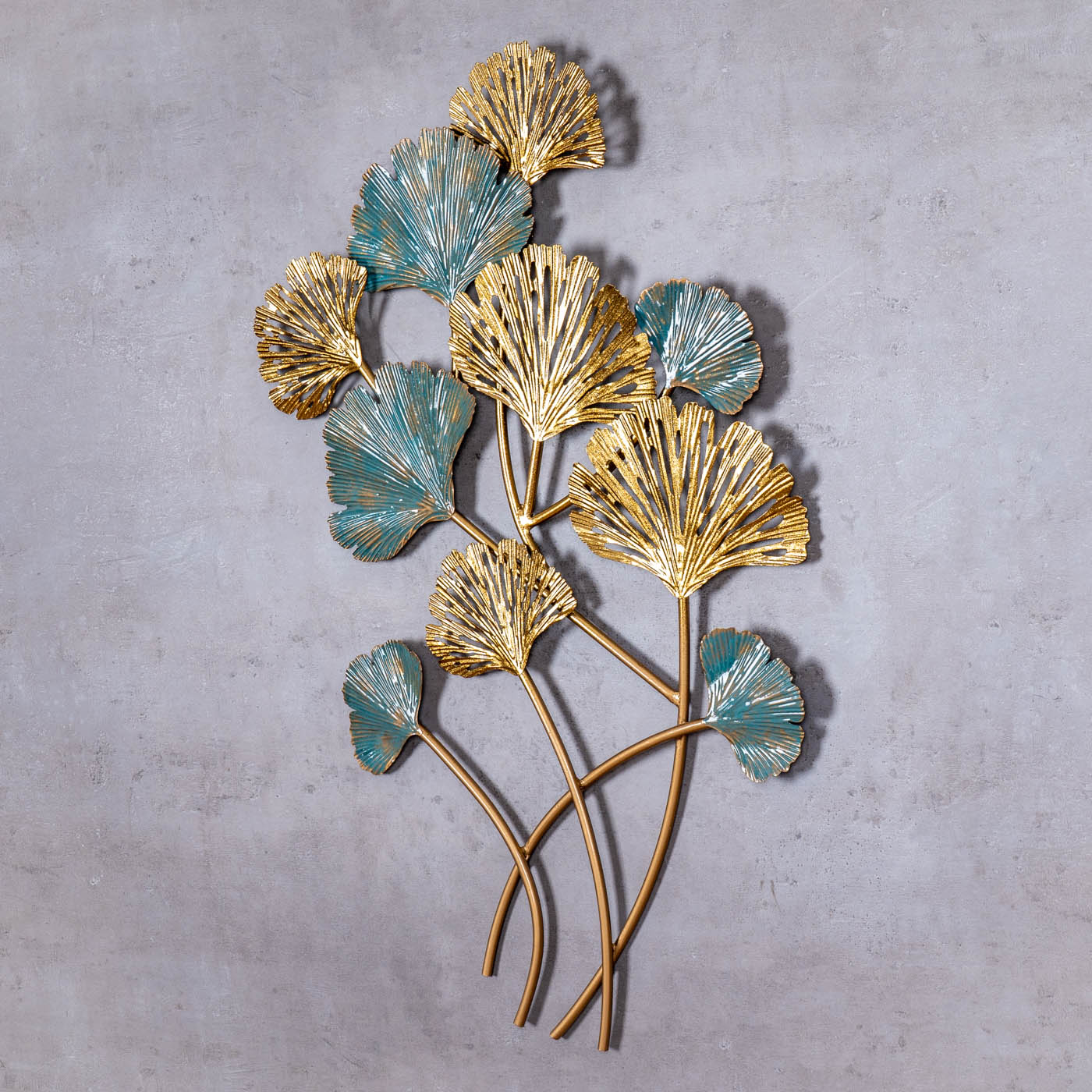 Wandbild 48x76cm Gold Blau Ginkgo Metall-Bild Wand-Deko Wandhänger Wandobjekt