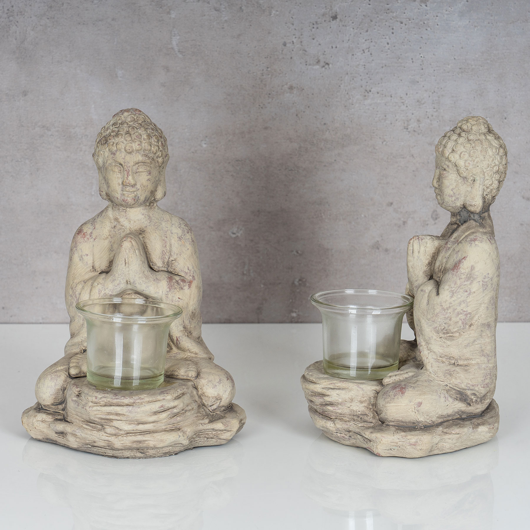 Teelichthalter Buddha Figur Keramik 19cm hoch Grau Tischdeko Kerzenhalter
