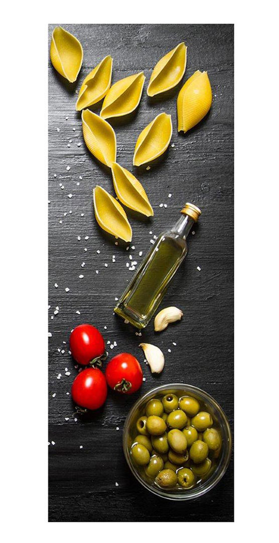 Glasbild 30x80cm Wandbild aus Glas Küche Pasta Nudeln Oliven Italien