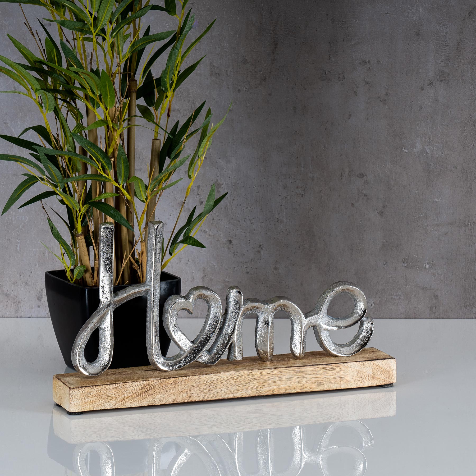 Aufsteller Mango Schriftzug Home H11cm Metall Holz Deko Mangoholz Tischdeko