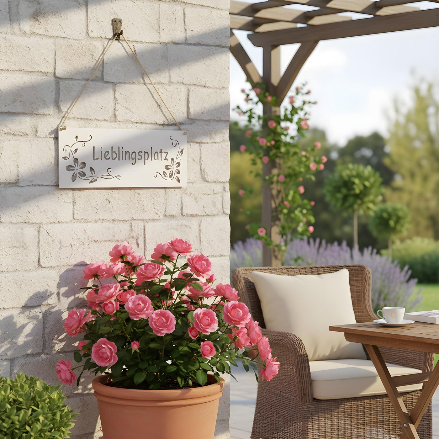 Schild Lieblingsplatz 25x9cm Außen Garten-Deko Weiß Blumen Metall Türschild