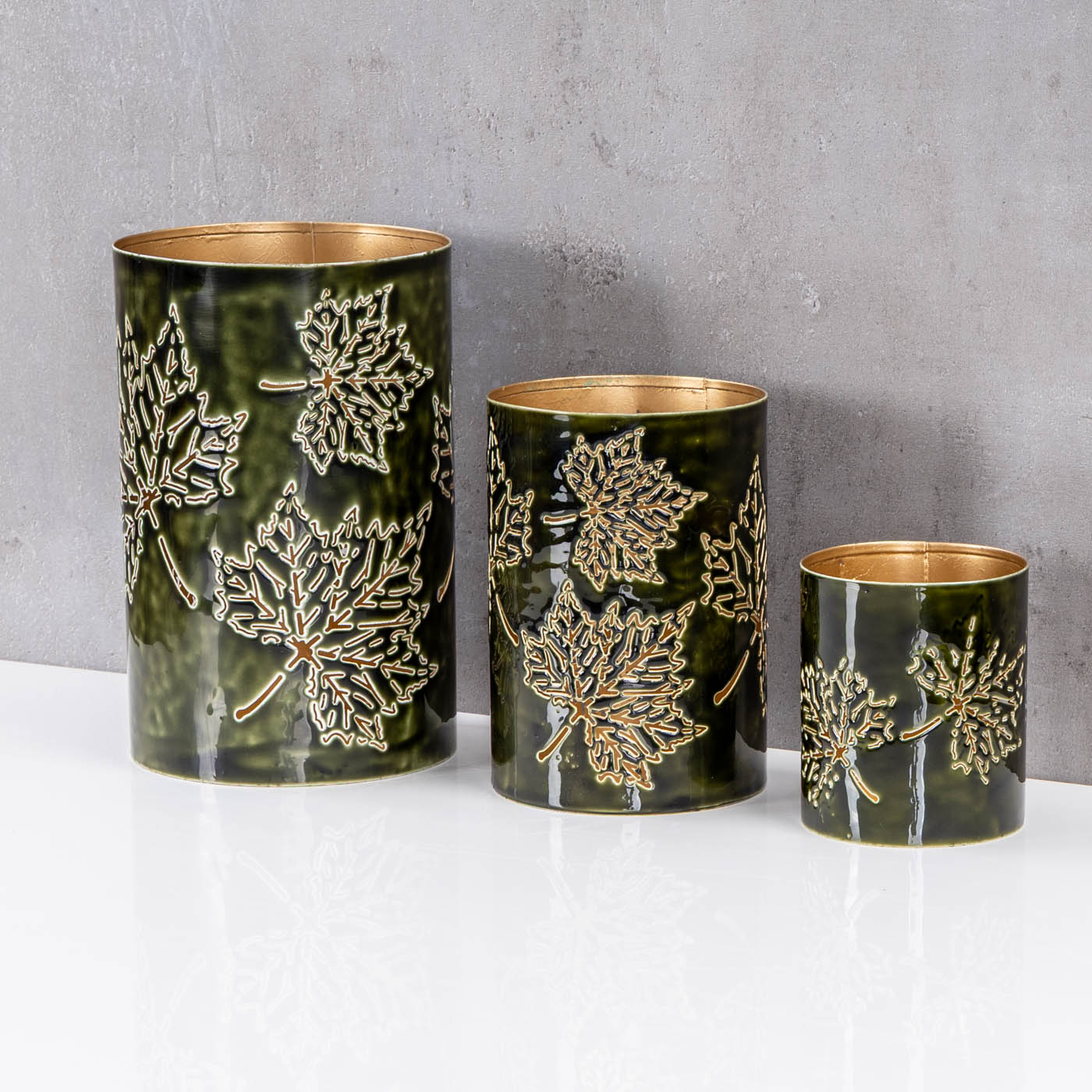 3er Set Windlichter H10-20cm Teelichthalter Grün Gold Metall Herbstblatt Herbst