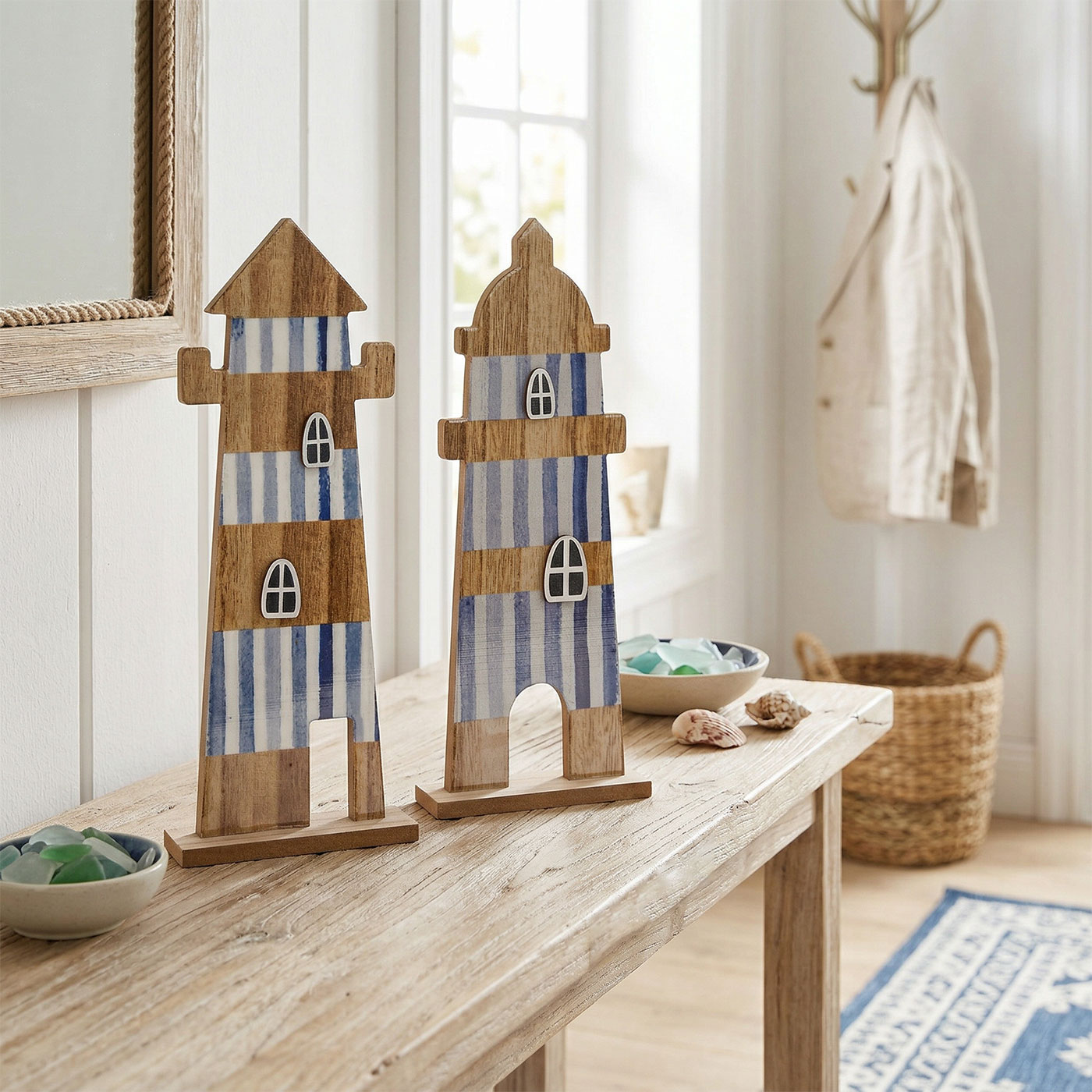2er Set Deko Aufsteller Leuchtturm H31cm Blau Weiß Natur Maritime Deko Tischdeko