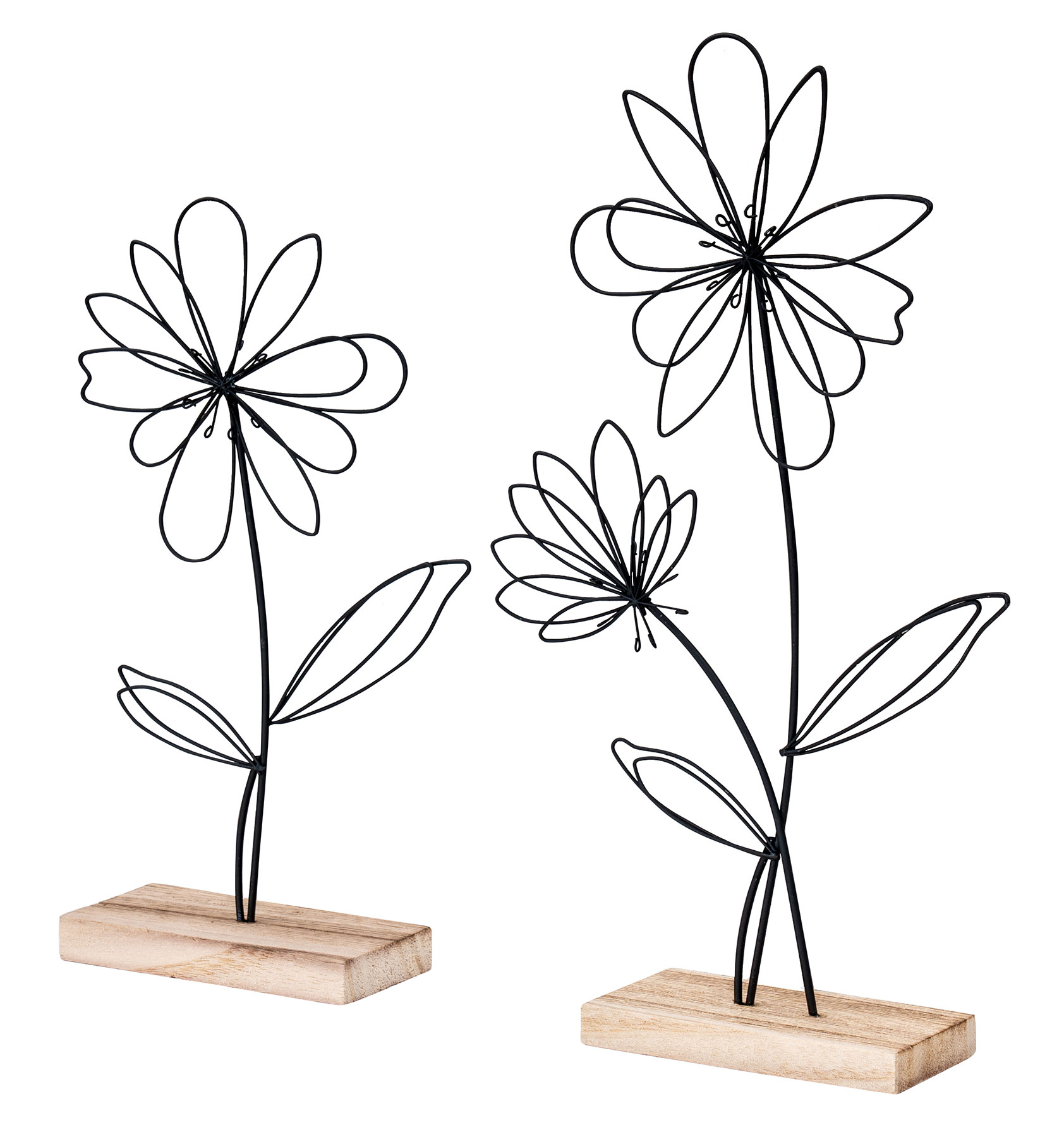 2er Set Deko Aufsteller Draht Blume Metall Holz Schwarz Natur Tischdeko Frühling