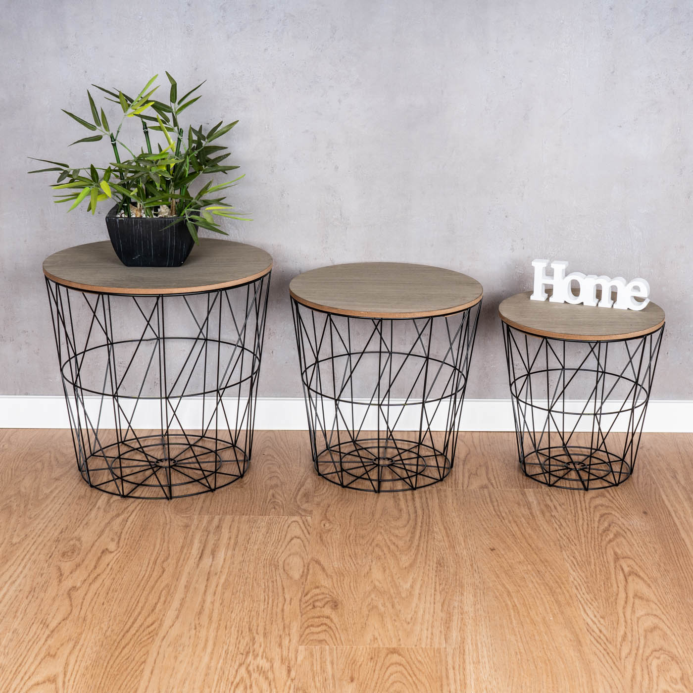 3er Set Beistelltisch Schwarz Braun Metall Metallkorb Drahtkorb Couchtisch Deckel