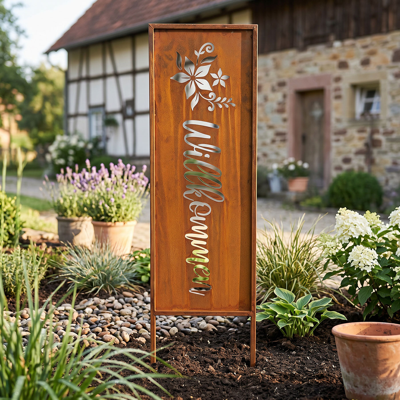 Gartenstecker Willkommen Rostdeko Metall 83cm Gartenstele Edelrost Beetstecker