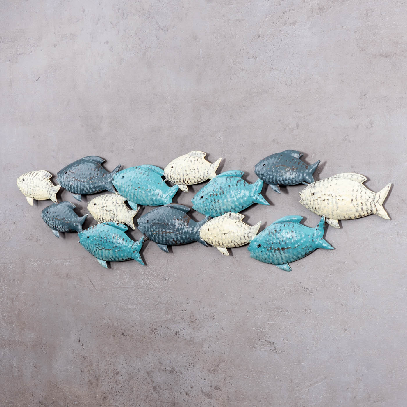 Wandskulptur Fische L75cm Wandbild Blau Grau Creme Maritim Wanddeko Metalldeko