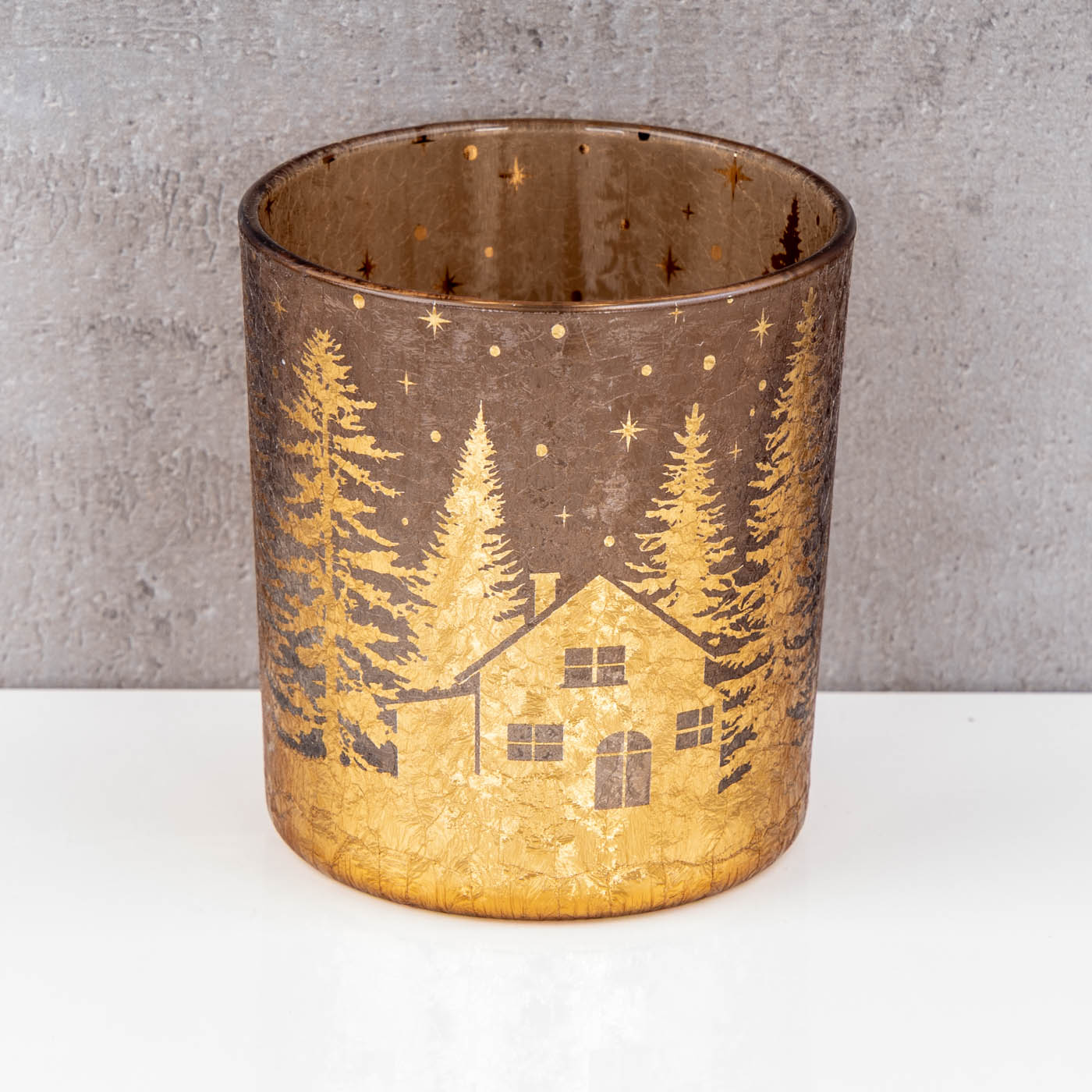 2er Set Teelichthalter Gold Braun Winter Landschaft Glas Kerzenhalter Tischdeko