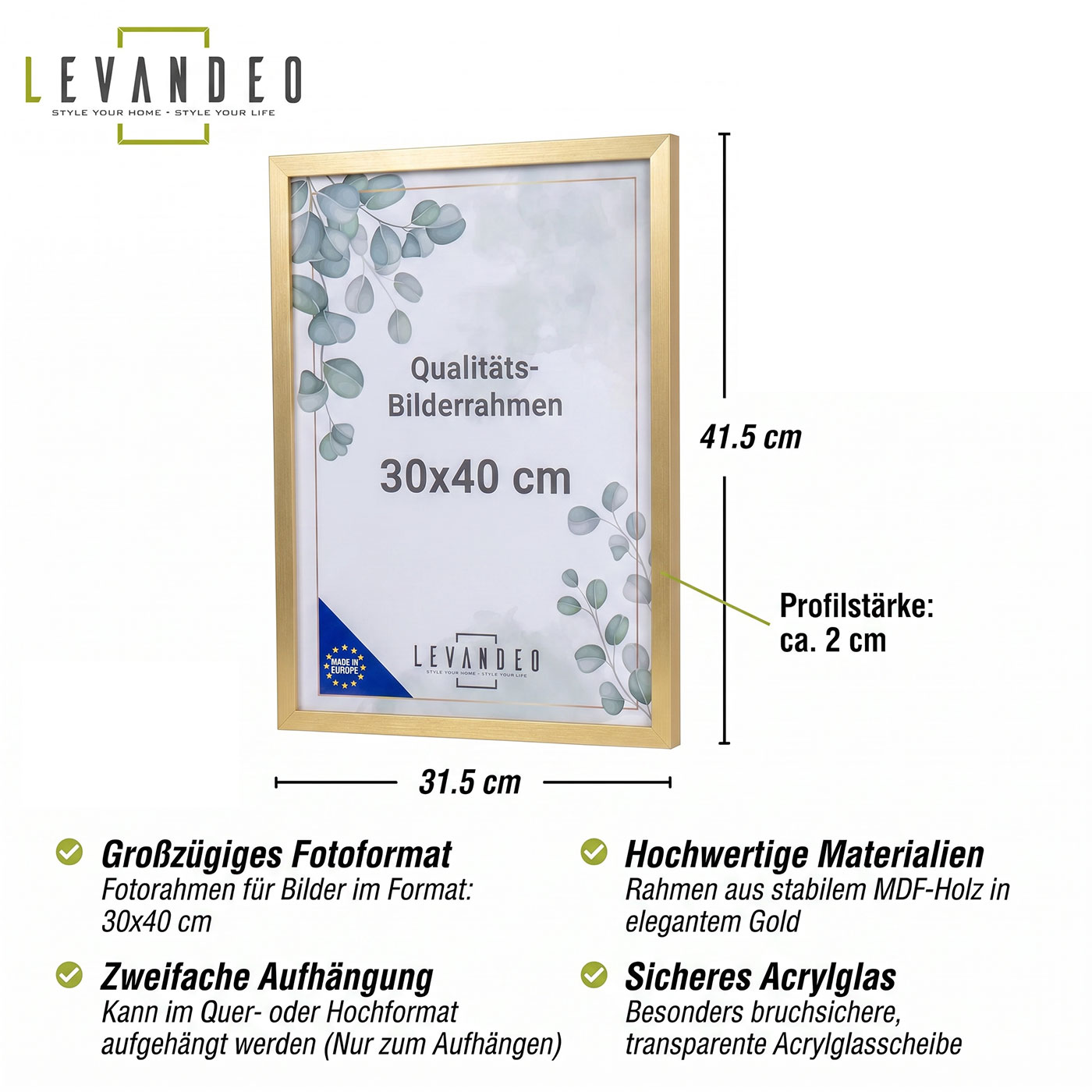 Posterrahmen 30x40 Gold MDF Holz Bilderrahmen Fotorahmen Wanddeko Kunstdrucke