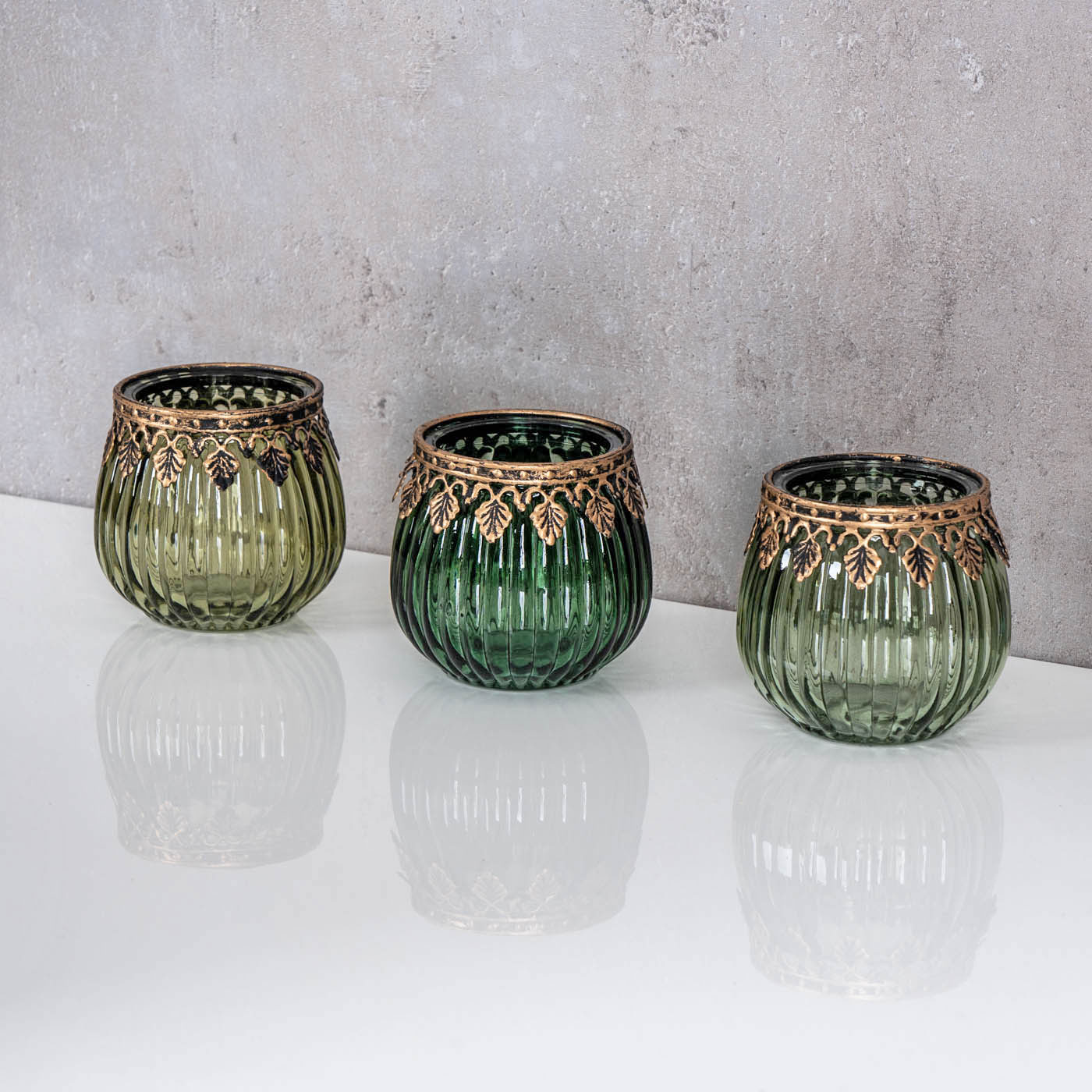 3er Set Orientalische Teelichthalter Grün Gold Glas Retro Tischdeko Windlicht