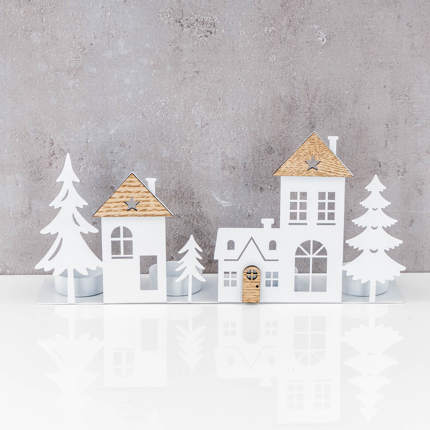 Teelichthalter Häuser Weiß 4 Kerzen MDF Holz Metall Weihnachtsdorf Advent Kerzen