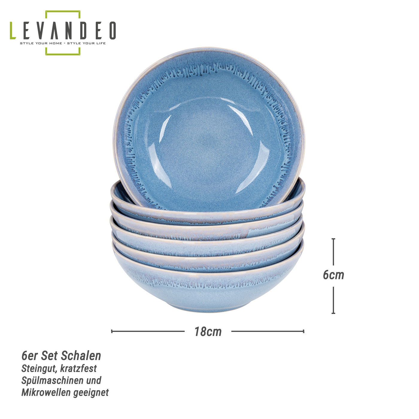 6er Set Steingut Schale Ø18cm Blau Salat Schüssel 6 Personen Suppenteller Bowl
