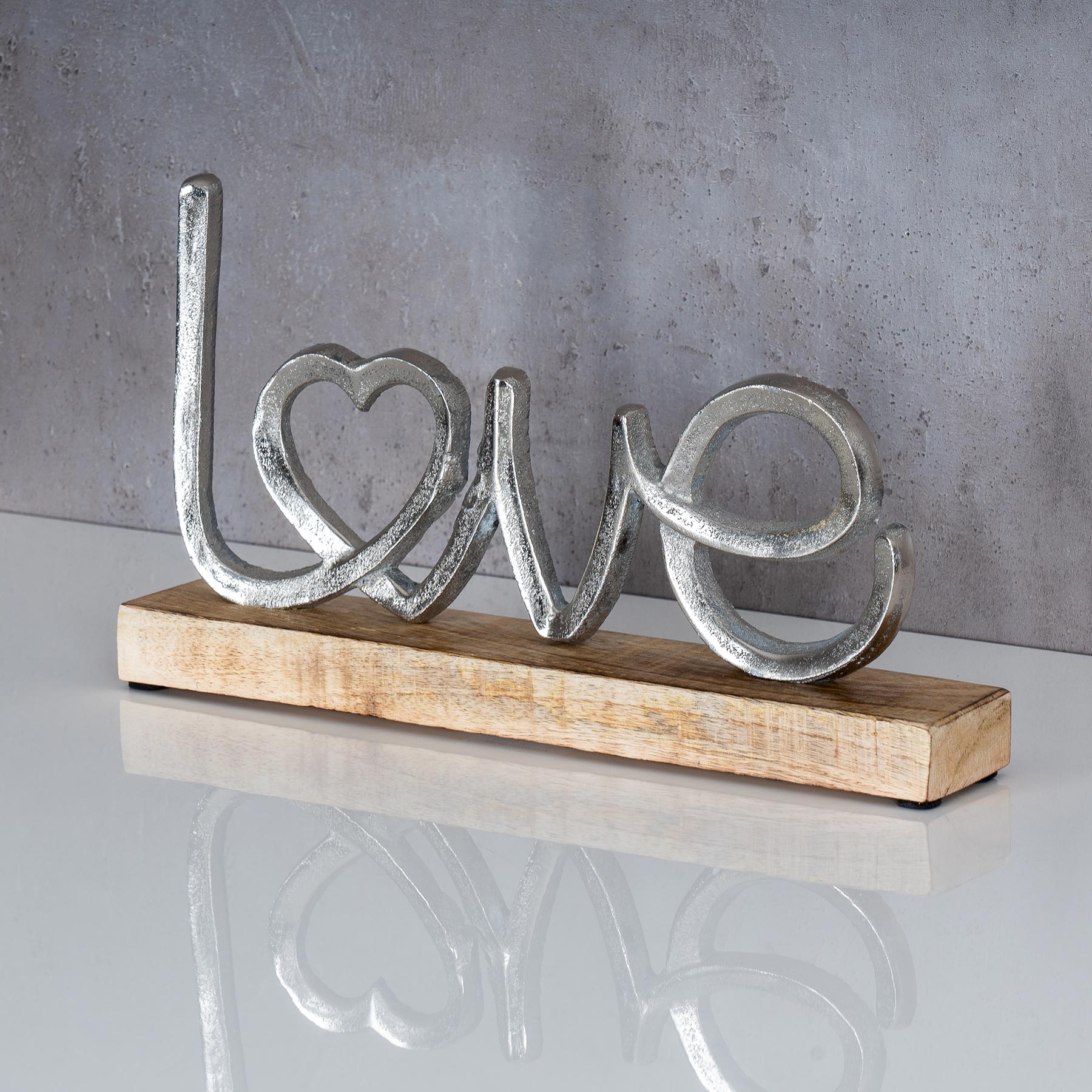 Aufsteller Mango Schriftzug Love H17cm Metall Holz Deko Mangoholz Tischdeko