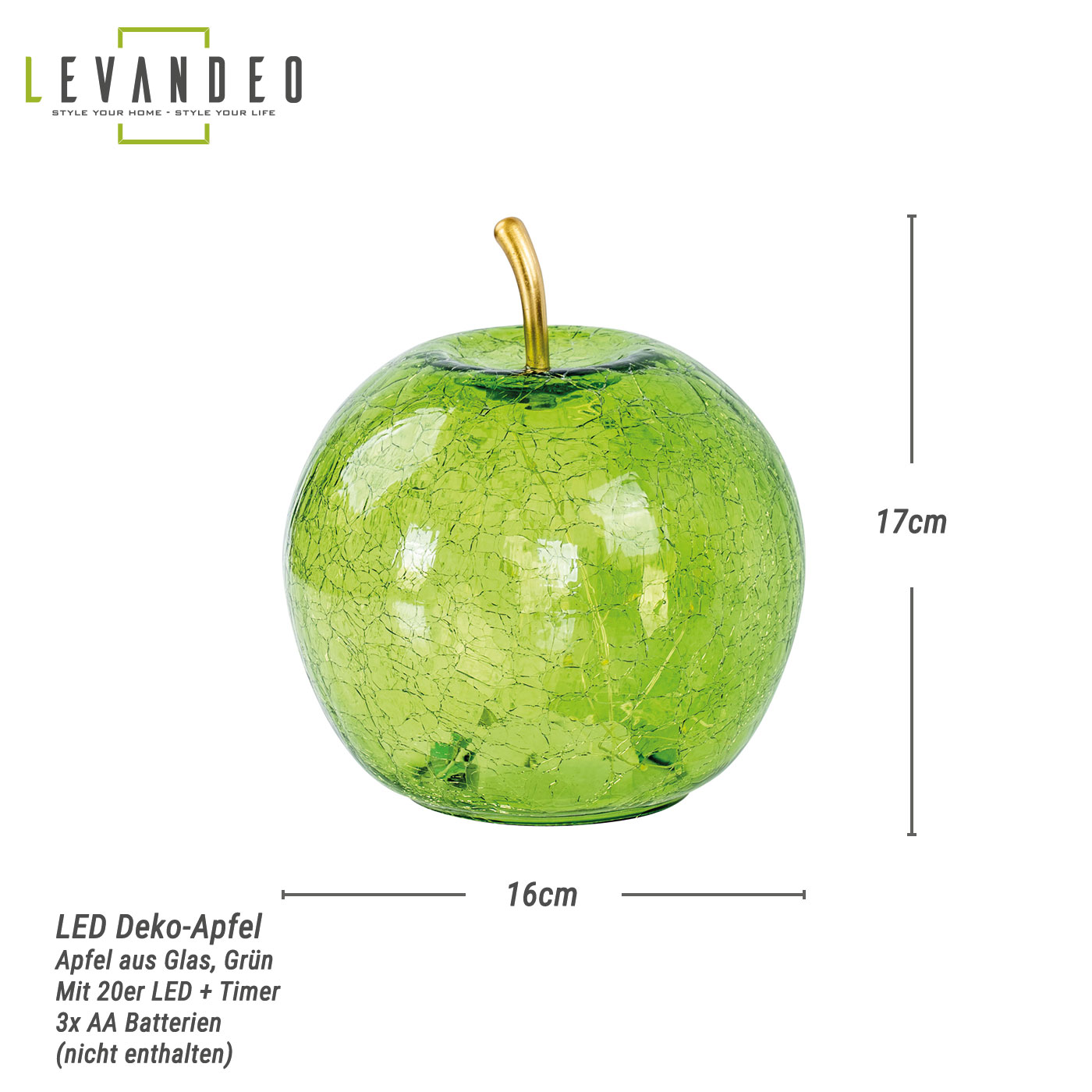 LED Apfel H17cm Grün Glas Dekolampe Timer Tischlampe Stimmungslicht Dekoleuchte