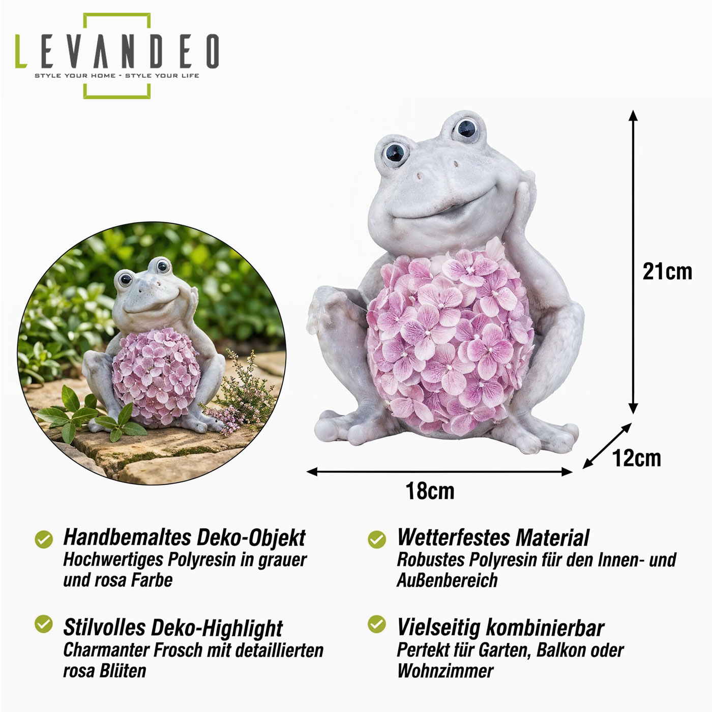 Dekofigur Frosch Grau Rosa Blüten Gartenfigur H21cm Kunststein Gartendeko Wohndeko
